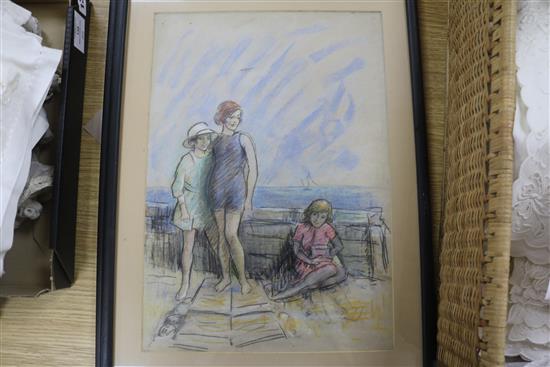 Harry John Pearson (1872-1933), pastel, three children on promenade, a head and shoulder portrait of a young girl and one other, larges